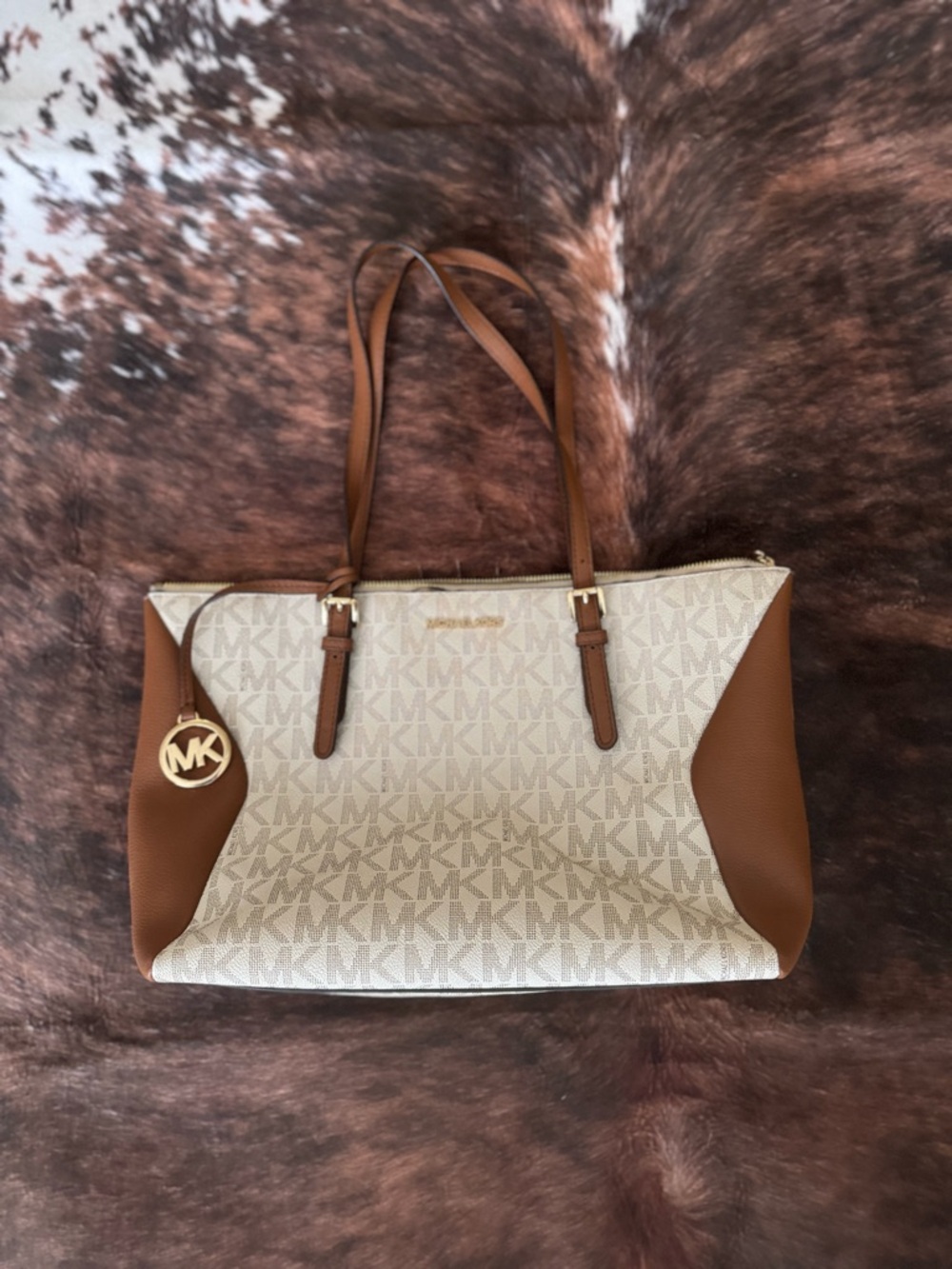 Michael Kors Cream and Brown MK Signature Tote